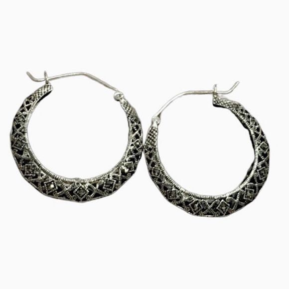 Vintage Sterling Silver Marcasite Cut Out Hinge Back Classic Hoops Earrings - Picture 8 of 11